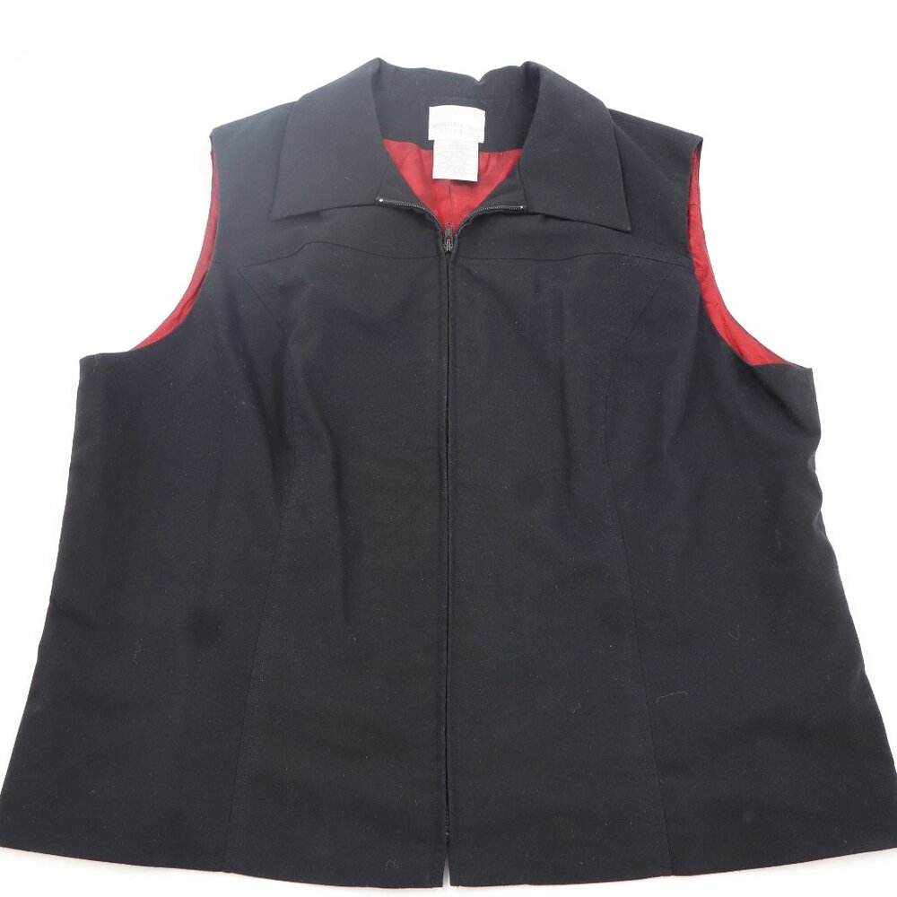 Worthington Stretch Womens 18W Black Zip Front Collared Vest Red Lining PC31